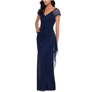 NWT,XSCAPE,Lace-Sleeve Chiffon Gown,navy blue/body color lace